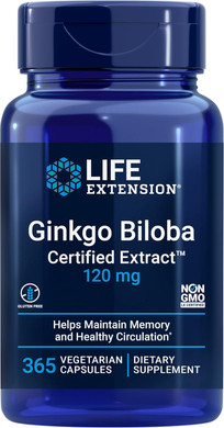 Life Extension Ginkgo Biloba Certified Extract, 120 Mg, Helps Maintain Memory & Cognition, Gluten-Free, Non-Gmo, Vegetarian, 365 Capsules
