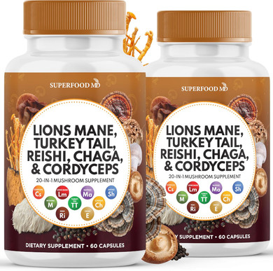 Lions Mane Mushroom Supplement With Turkey Tail Reishi Cordyceps Chaga With Marshmallow Root - 180 Count