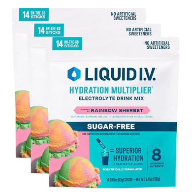 Liquid I.V.® Hydration Multiplier Sugar-Free - Rainbow Sherbet | Electrolyte Powder Drink Mix | 3 Pack (42 Servings)
