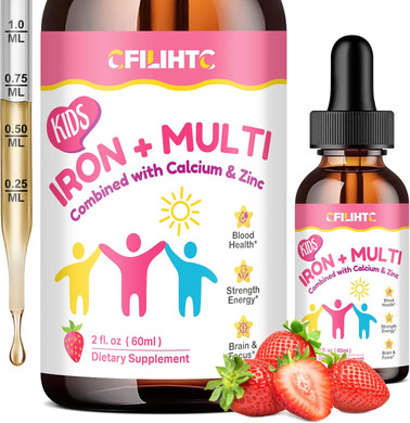 Liquid Iron Supplement For Kids, Women & Men - With Calcium, Zinc, Kids Multivitamin With Iron Drops - Immune Support, Blood Builder & Energy Support For Iron Deficiency, Anemia, Vegan 2 Fl Oz