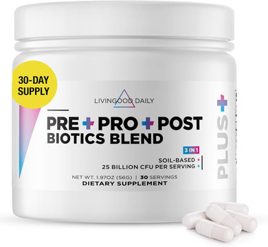 Livingood Daily Pre Pro Post Biotics Blend Powder, Digestive Health Supplement With Prebiotics From Organic Blue Agave Inulin, Sbo Probiotics, Probiotics For Women & Men, Non Gmo, Vegan, 30 Servings