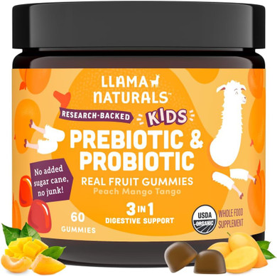 Llama Naturals Kids Probiotic With Prebiotic Fiber, Vegan, Organic Prebiotics And Probiotics Gummies For Gut Health Support, Toddler Real Fruit Gummy Vitamins, No Added Sugar Cane, Mixed Berry, 120 Ct