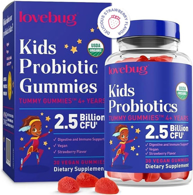 Lovebug Kids Probiotic Gummies  Organic Chewable Probiotics For Kids Aged 4+, Soil-Based ChildrenS Probiotic For Gut Health, Constipation, Digestive & Immune Support, Vegan, 60 Chews, Strawberry