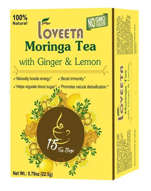 Loveeta Wellness Moringa Tea Ginger & Lemon - 15 Tea Bags (Gmo Free, Gluten Free, Dairy Free, Sugar Free & 100% Natural)