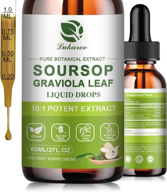 Lukaree 100% Organic Soursop Leaves Extract, 10X Concentrated Graviola Soursop Bitters Liquid Drop For Immune Digestive Energy, Cold-Extracted With High Potency, Alcohol-Free, Vegan & Non-Gmo