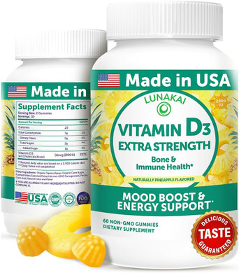 Lunakai Usa Made Vitamin D3 Gummies 2000 Iu - Non-Gmo, Gluten-Free Vitamin D Gummies For Women & Men - Bone, Immune & Energy Support, 60Ct