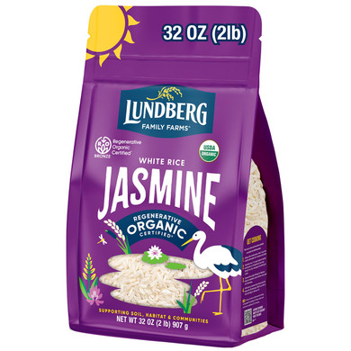 Lundberg Jasmine Rice, Regenerative Organic Certified  Non-Sticky, Aromatic Long-Grain White Rice, Responsibly Grown In California, 32 Oz
