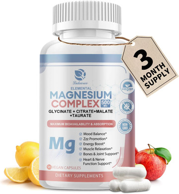 Magnesium Complex Supplement 500Mg, Magnesium Glycinate, Malate, Taurate, Citrate Complex & Herbal Extracts, High Absorption Chelated 120 Vegan Non-Gmo Capsules For Rest, Energy, Mood
