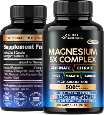 Magnesium Supplement - 5 In 1 Complex | Glycinate | Citrate | Malate | Taurate | Oxide - Made In Usa - Stress, Muscle & Heart Support - Vegan, Natural, Non-Gmo - 180 Capsules, 2 Month Supply