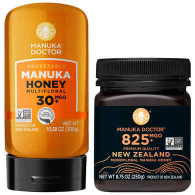 Manuka Doctor - Mgo 30+ Multifloral Squeezy And Mgo 825+ Monofloral Manuka Honey Value Bundle, 100% Pure New Zealand Honey. Certified. Guaranteed. Raw. Non-Gmo