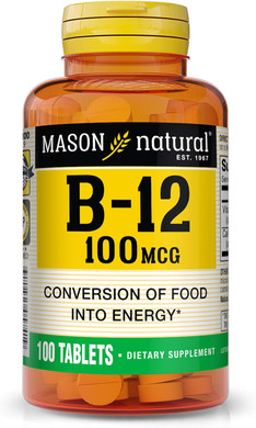 Mason Natural Vitamin B12 100 Mcg With Calcium - Healthy Conversion Of Food Into Energy, Supports Nerve Function And Health, 100 Tablets
