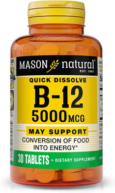 Mason Natural Vitamin B12 5,000 Mcg (Cyanocobalamin) - Supports Conversion Of Food Into Energy, Dissolves Under Tongue (Raspberry Flavor), 30 Tablets