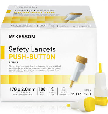 Mckesson Lancets For Diabetes Testing [100 Count] Lancing Device For Blood And Glucose Test, 17G X 2.0 Mm, Push Button Activation, Sterile, Single Use