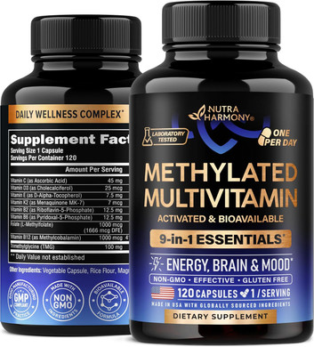 Methylated Multivitamin - B-Complex With Methylfolate & B12 - For Men & Women - 9-In-1 Mthfr Supplement With Tmg - For Energy, Brain & Mood - Vegan, Lab Tested - Made In Usa - 120 Capsules, One/Day