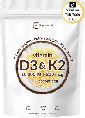 Micro Ingredients Vitamin D3 10,000 Iu + K2 Mk-7 200 Mcg, 300 Softgels | Virgin Coconut Oil | 2-In-1 Bone, Immune & Heart Support | Easy To Swallow, Non-Gmo