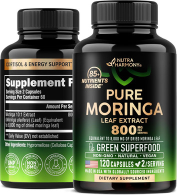 Moringa Capsules 800Mg - Pure Moringa Leaf Powder - Extra Strength 10:1 Extract - Superfood Antioxidant For Cortisol Level, Energy & Joint Support - Natural Vegan, Non-Gmo - Made In Usa - 180 Capsules
