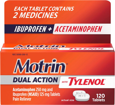 Motrin Dual Action With Tylenol, Ibuprofen & Acetaminophen Fast-Acting Dual Action Pain Reliever For Minor Aches & Pains, Ibuprofen (Nsaid) 125 Mg & Acetaminophen 250 Mg, 120 Ct