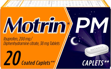 Motrin Pm Pain Relief Caplets With 200 Mg Ibuprofen & 38 Mg Diphenhydramine Sleep Aid, Nighttime Pain Reliever For Minor Aches & Pains Helps You Fall Asleep & Stay Asleep, 20 Ct