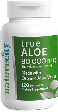 Naturecity True-Aloe Gut Health Support  80,000Mg Aloe Vera Gel Equivalent Per Serving  Organic Aloe Vera (120 Capsules) For Digestive, Skin & Joint Support | Small Easy-To-Swallow Pills