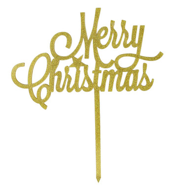 O'Creme Merry Christmas Script Acrylic Gold-With-Glitter Cake Topper