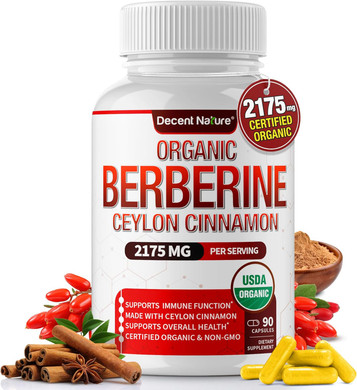 Organic Berberine With Ceylon Cinnamon 2175Mg - Premium Berberine Supplement High Purity Extract Usda Organic, Support Immune System, Berberine Plus Complex, Non-Gmo Vegan For Men Women 90 Capsules