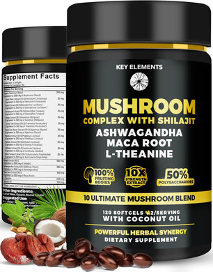 Organic Mushroom Complex With Shilajit & Coconut Oil - LionS Mane Mushroom Supplement With Ashwagandha And L-Theanine - Mushroom Nootropic For Memory, Focus & Immune Mushroom Capsules Softgels