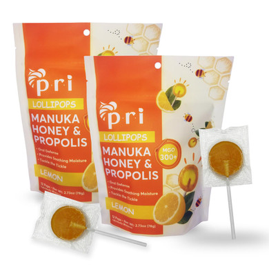 P.R.I Manuka Honey Lollipops With Propolis, Certified Mgo 300+ - Throat Soothing, Lemon Flavor, (24 Lollipops, 5.46Oz)