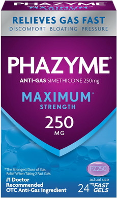 Phazyme Gas Relief, Maximum Strength Gas And Bloating Relief For Adults, 250 Mg Simethicone Fast Gels, 24 Count