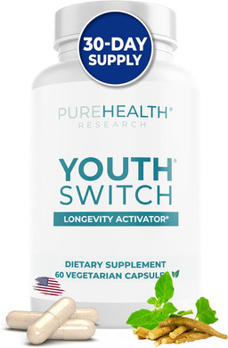 Purehealth Research Youth Switch - Anti Aging Supplement With Ashwagandha Extract 600 Mg Ksm-66 - Longevity Activator - Telomere Supplements - Disrupt & Reverse Aging, 1 Bottle - 60 Capsules