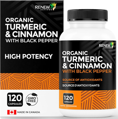 Renew Actives Organic Turmeric 474Mg & Cinnamon 50Mg Per 2 Capsules  With Curcumin & Bioperine For Absorption  Supports Metabolism, Joint Health & Digestion  Made In Canada  120 Capsules