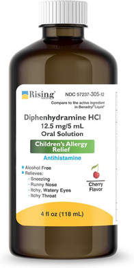 Rising Health - Allergy Relief Liquid Medicine With Diphenhydramine Hcl 12.5Mg/5Ml - Kids' Allergy Syrup For Symptoms Like Runny Nose, Itchy Eyes & More - Cherry Flavor - 4 Fl. Oz