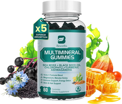 Sea Moss Black Seed Oil Ashwagandha Gummies, Irish Sea Moss Multimineral Supplement With Turmeric, Magnesium, Chlorophyll, Elderberry, Manuka Honey, Bladderwrack, Burdock Root, Vitamin - 60