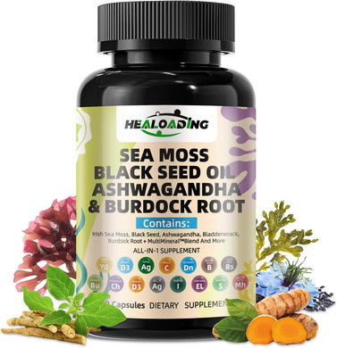 Sea Moss Capsules With Black Seed Oil, Ashwagandha, Turmeric, Bladderwrack, Burdock, Vitamin C&D3 For Immune System, Vegan, Non-Gmo, Gluten-Free