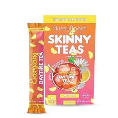 Skinny Teas Instant Tea Sticks  Energizing Daytime Tea  14 Ct  Black & Green Tea With Garcinia Cambogia, Inulin, Vitamin C, B Vitamins & Folate  Clean Energy Boost (Citrus Mint)