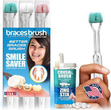 Smile Saver 360° 3-Sided Toothbrush 3Pk + Toothpaste Tablets | Deep Clean + Gum Massage + Tongue Cleaner Scraper | Everyone Can Easily Brush Better: Adults Children Braces Special Needs Travel Gift