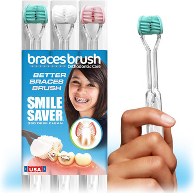 Smile Saver 360° Braces Brush 3-Sided Toothbrush 3Pk | Orthodonic Bracket Cleaning + Tongue Cleaner | Adults Children Braces Travel | Made In The Usa (Charcoal Handles)
