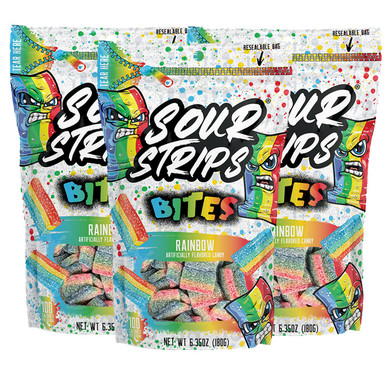 Sour Strips Bites Flavored Sour Candy Strips, Deliciously Sour Chewy Candy Belts, Vegetarian Candies, Bites 3-Pack