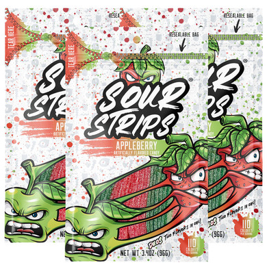 Sour Strips Flavored Sour Candy Strips, Deliciously Sour Chewy Candy Belts, Vegetarian Candies, 3 Pack (Appleberry (3-Pack))
