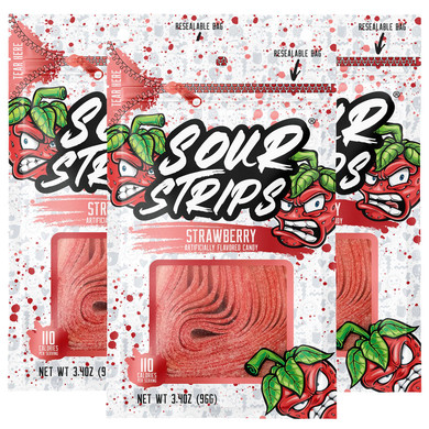 Sour Strips Flavored Sour Candy Strips, Deliciously Sour Chewy Candy Belts, Vegetarian Candies, 3 Pack (Doubleberry (3-Pack))