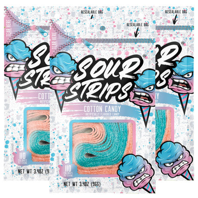 Sour Strips, Deliciously Sour Chewy Belts, Vegetarian Candies, 3 Pack (Cotton Candy (3-Pack))