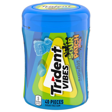 Trident Vibes Sour Patch Kids Blue Raspberry Sugar-Free Chewing Gum, 40 Piece Bottle