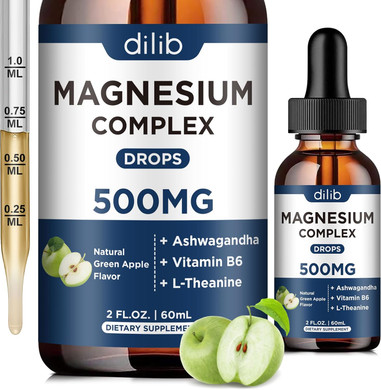 Triple Magnesium Complex Supplement-Magnesium Glycinate, Citrate, Malate Liquid Drops 500Mg With Ashwagandha, L-Theanine, B6 For Calm, Stress Relief, Sleep, Muscle Support-Green Apple Flavor