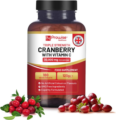 Triple Strength Cranberry 30,000Mg Added With Vitamin C - 180 Vegan Tablets I Easy To Swallow Tablets I Made In The Uk By Prowise Healthcare