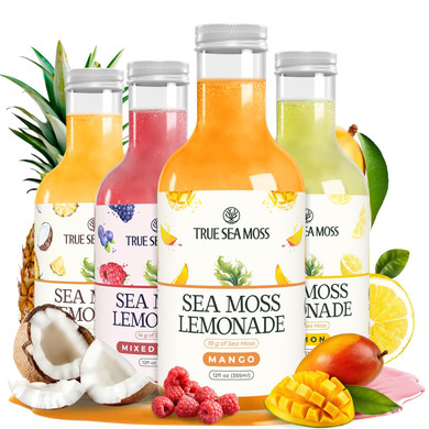 Trueseamoss Sea Moss Lemonade Variety Pack  4 Flavors Sampler: Lemon, Mango, Berry, Pina Colada  Vegan Hydration Drink  4 X 12 Fl Oz Bottles  Made In Usa