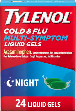 Tylenol Nighttime Cold & Flu Multi-Symptom Liquid Gels, Adult Cold & Flu Relief Medicine, Pain Reliever & Fever Reducer + Cough Suppressant & Antihistamine, 24 Ct