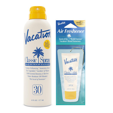 Vacation Classic Sunscreen Spray Spf 30 & Air Freshener Bundle, Water-Resistant, Lightweight, Transparent On All Skin Tones, Dermatologist-Tested, Vegan, 6 Fl. Oz