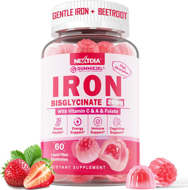 Vegan Iron + Beet Root Gummies, Iron Supplement For Women 26Mg, W/Vitamin C Folate B12 Zinc, For Iron Deficiency, Energy Boost, Non-Constipating, No After Taste & Strawberry Flavor, Sugar-Free 60Cts
