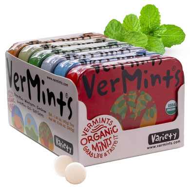 Vermints Organic Breath Mints  Peppermint, Ginger, Wintergreen, Cinnamon, Chai & Cafe Express Flavored Mints - Non-Gmo, Gluten-Free, Vegan & Kosher Healthy Refresh - 1.41Oz  6 Variety Travel Tins