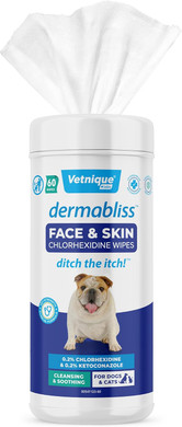 Vetnique Dermabliss Dog Face Wipes - Medicated Chlorhexidine Wipes For Dogs With Wrinkles, French Bulldog, English Bulldog Dog Grooming Wipes Cleaning & Deodorizing Dog Wipes 60 Count