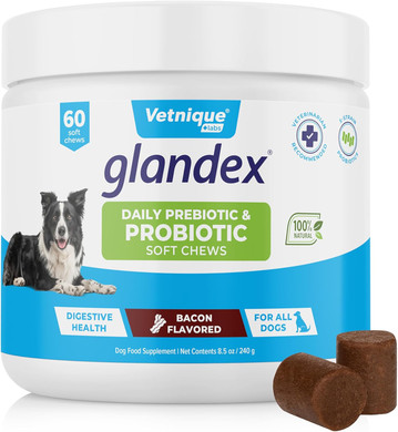 Vetnique Glandex Daily Probiotics For Dogs With Prebiotics To Support Gut Health With Fiber And Digestive Enzymes, Bacon Flavor Soft Chews, 60 Probiotic Chews For Dogs